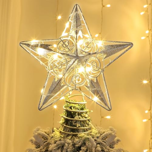 Star Tree Topper with 20 LED Lights, Metal Golden Lighted Treetop Ornaments, 6.5 x 6.5 Inches T48444