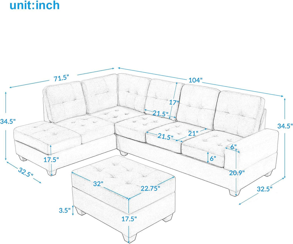 Linen Upholstered L Shaped Sofa Set with Ottoman Storage, Light Gray N2265