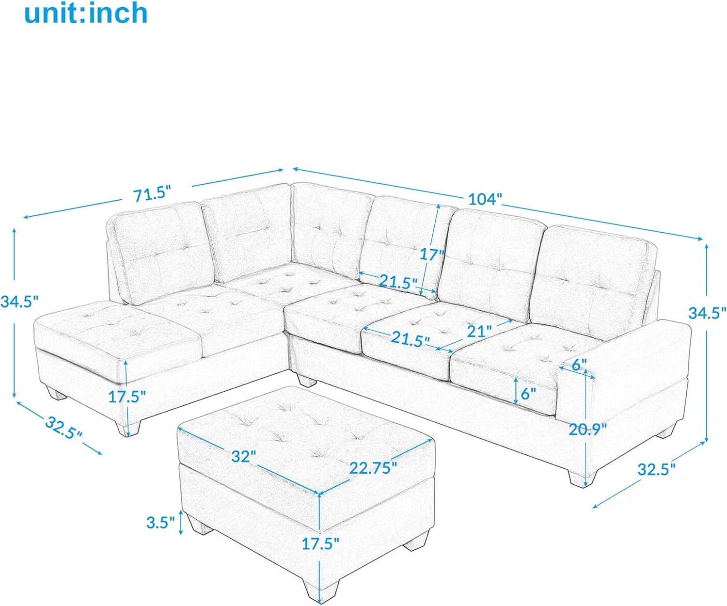 Linen Upholstered L Shaped Sofa Set with Ottoman Storage, Light Gray N2265