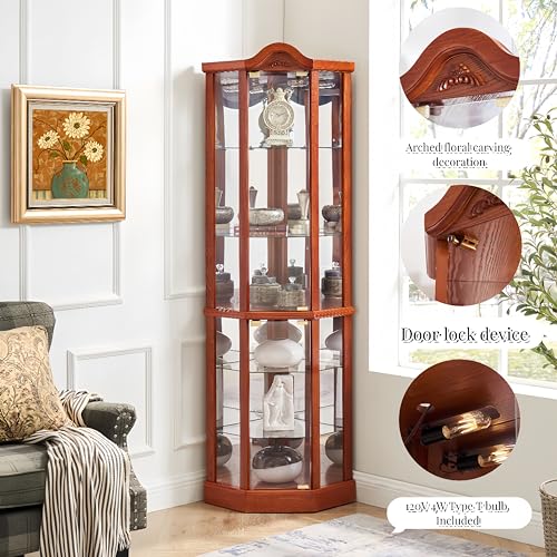 Oak Lighted Wooden Corner Display Curio Cabinet with Tempered Glass Doors L2649