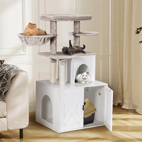 White Wooden Cat Litter Box Enclosure with Cat Tree Tower and Condo Y530