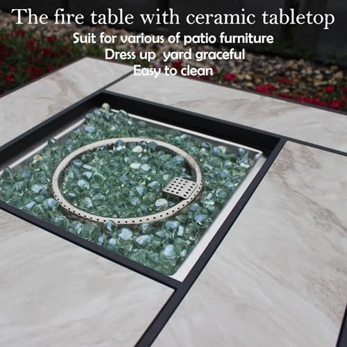 30" Propane Fire Pit with Real Ceramic Tabletop, 50000 BTU Gas Firepit Table with Lid & Glass Rock K6800