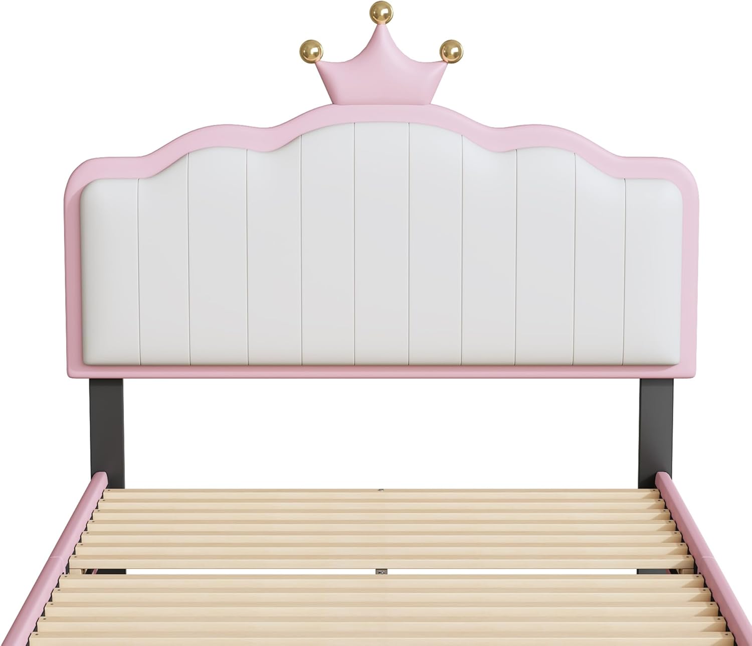 White and Pink Twin Upholstered Platform Bed with Light Strips and Golden Metal Legs L931996
