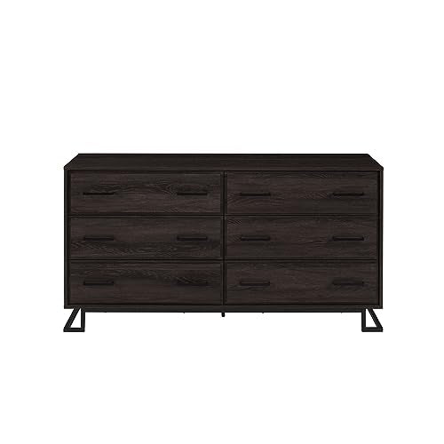 56 Inch Coastal Oak 6-Drawer Metal and Wood Dresser R60909