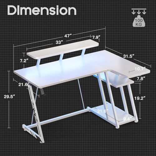 Black 55 Inch L Shaped Gaming Desk with LED Lights I4145