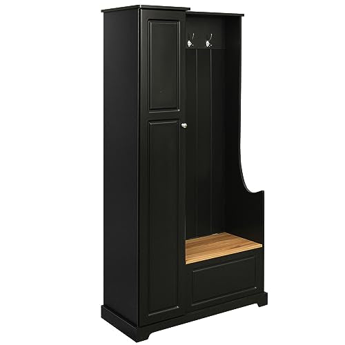 Black Hall Tree with Flip-Up Bench, Shoe Cabinet with Adjustable Shelves, Coat Rack with Hanging Hooks U283140