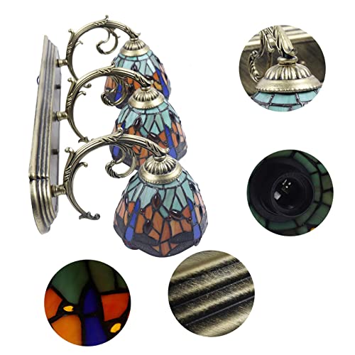 Tiffany Victorian Wall Sconce, 3-Light Vanity Light Fixtures Stained Glass Lampshade Dragonfly Over Mirror Lamp S678901