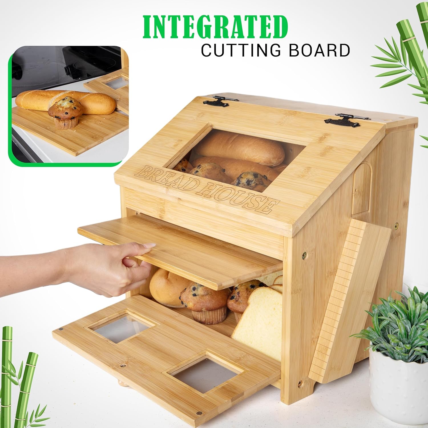 Large Wooden Bamboo Bread Box with Cutting Board W43439