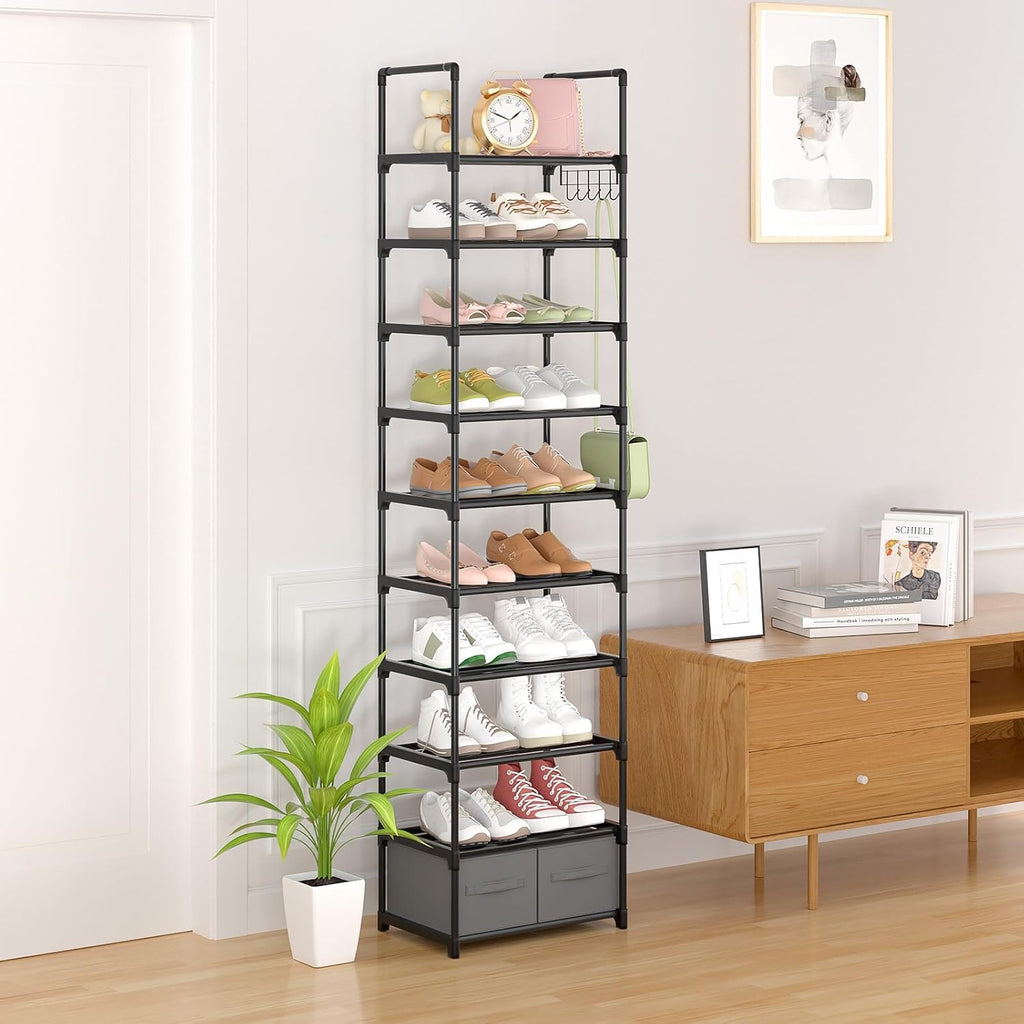 10 Tiers Metal Narrow Black Shoe Rack with 2 Boxes and 1 Hook M248643