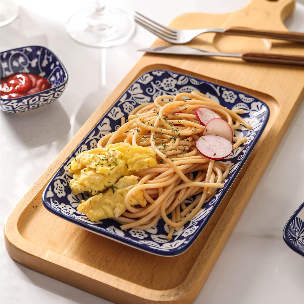 16 Pieces Ceramic Dinnerware Set with 8 Inch Rectangular Salad Plates, Blue I984