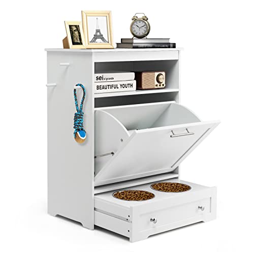 White Dog Food Storage Cabinet with 2 Raised Dog Bowls K24780