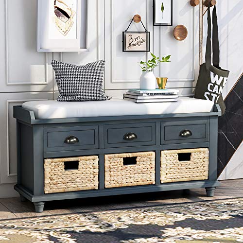 Navy Wood Shoe Storage Bench with Cushion and 2 Drawers V905