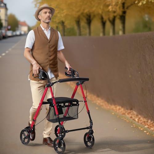 Blue + Black Lightweight Aluminum Folding Rollator Walker with Adjustable Seat and Handle P4353