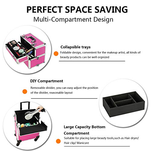 3 in 1 Rolling Makeup Train Case, Aluminum Cosmetic Case on Wheels V8512