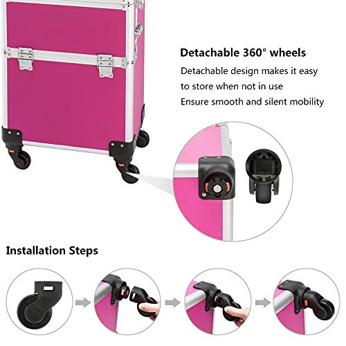 3 in 1 Rolling Makeup Train Case, Aluminum Cosmetic Case on Wheels V8512