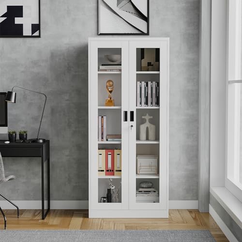 71" Locking Steel Cabinet with Tempered Glass Door, 2 Adjustable Shelves, 4 Doors, White A303