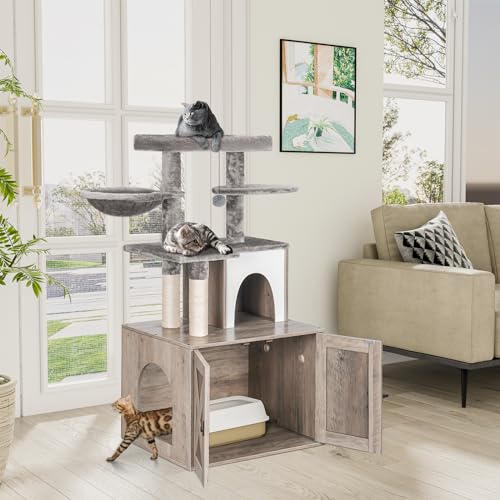 White Wooden Cat Litter Box Enclosure with Cat Tree Tower and Condo Y530