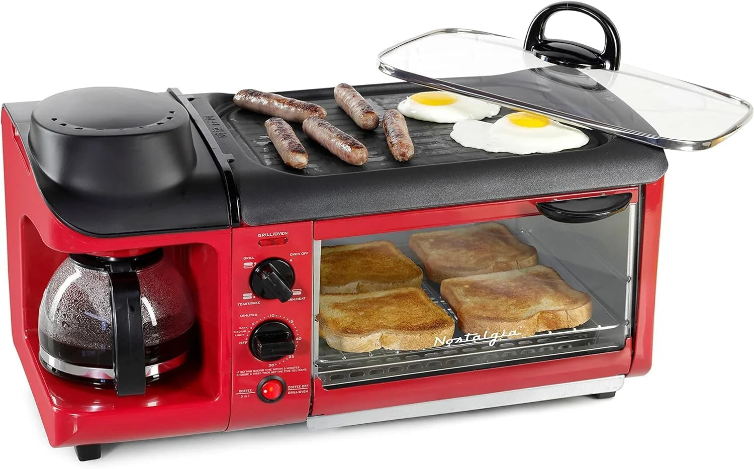 3-in-1 Breakfast Station with Coffee Maker, Non-Stick Griddle, and 4-Slice Toaster Oven - Red Z603
