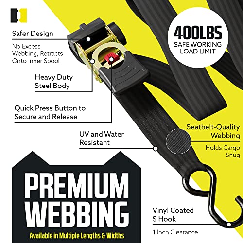 Retractable Ratchet Straps, 2 Pack (1 inch x 10 feet) - Black Ratchet Strap Tie Downs L9596