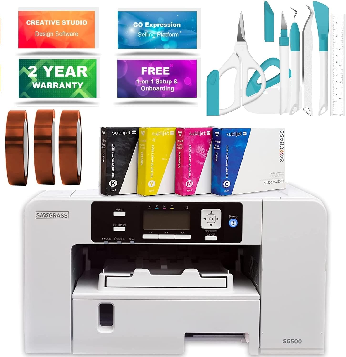 White Sublimation Printer Starter Bundle with Paper, Inks, Tapes, Dust Cover & 7-Piece Craft Tool Set V939338