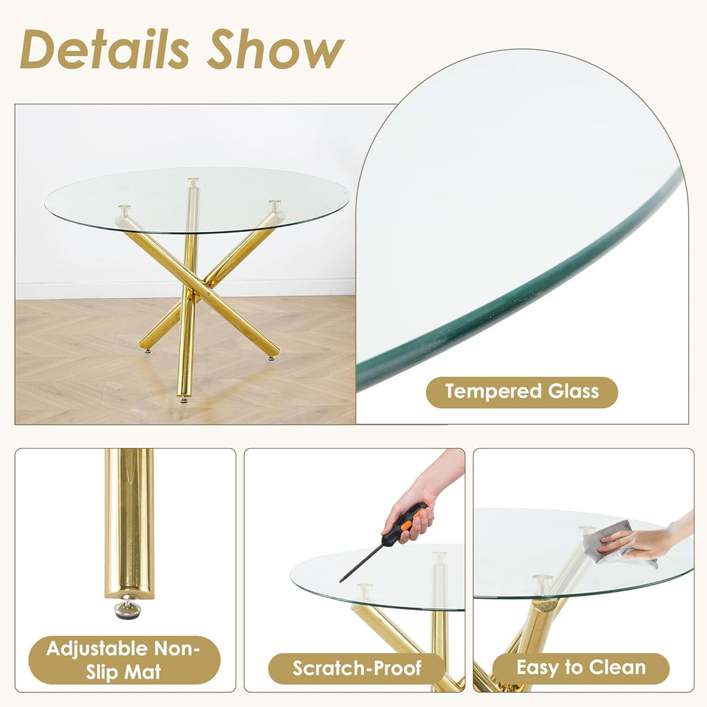 Gold Round Glass 7 PCS Dining Table Set with Clear Acrylic Chair U3620
