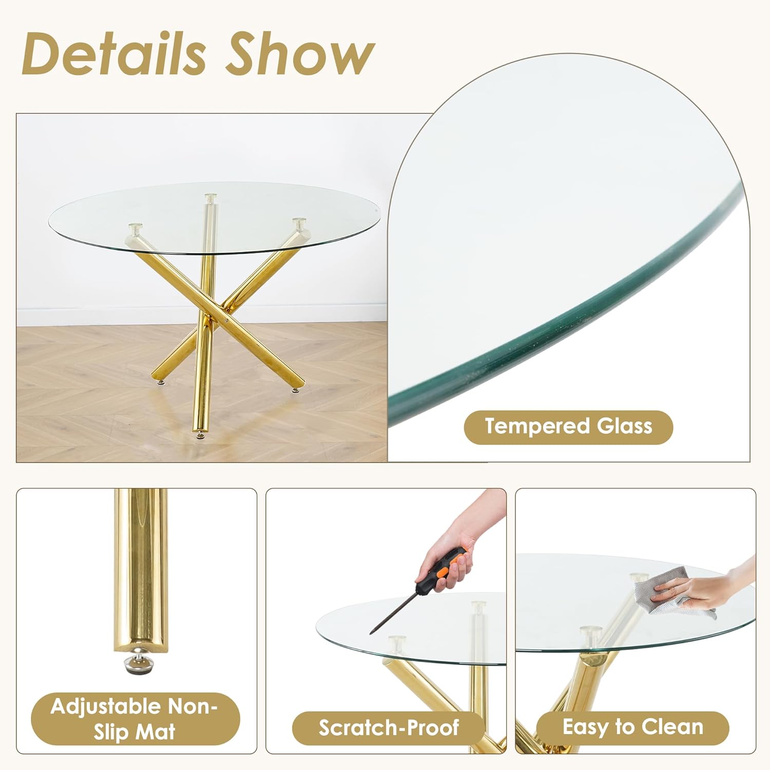 Gold Round Glass 7 PCS Dining Table Set with Clear Acrylic Chair U3620