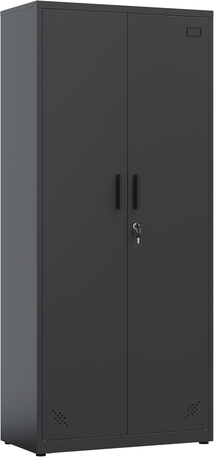 Metal Garage Storage Cabinet, Tall Locking Steel Storage Cabinet with 2 Doors and 4 Adjustable Shelves O46872