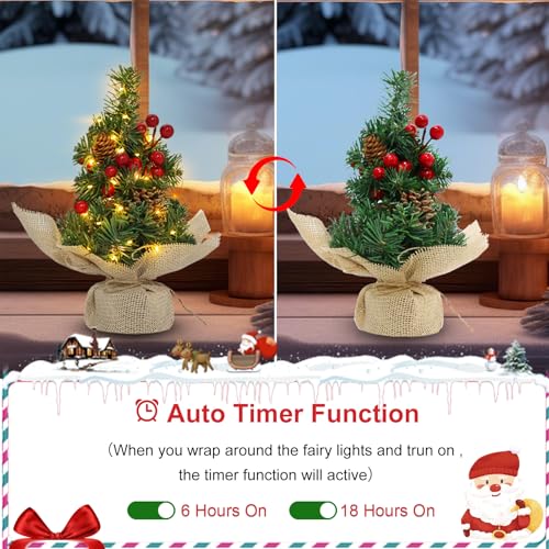 12 Inch Mini Tabletop Artificial Christmas Tree with Timer Lights Pinecones Red Berries Y4446