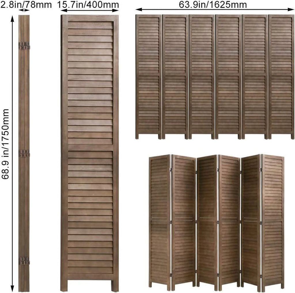 6 Panels 5.75 Ft Tall Wood Louvered Folding Privacy Room Divider R548982