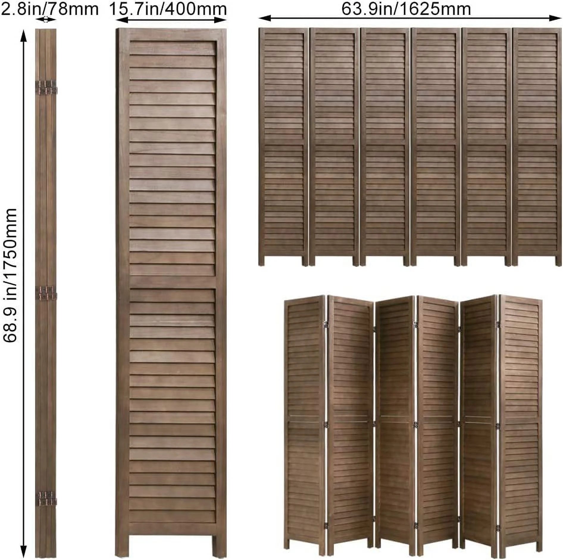 6 Panels 5.75 Ft Tall Wood Louvered Folding Privacy Room Divider R548982