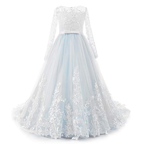 Girls Long Sleeve Lace Flower Wedding Bridesmaid Party Dresses Floor Length Tulle Ball Gown V455