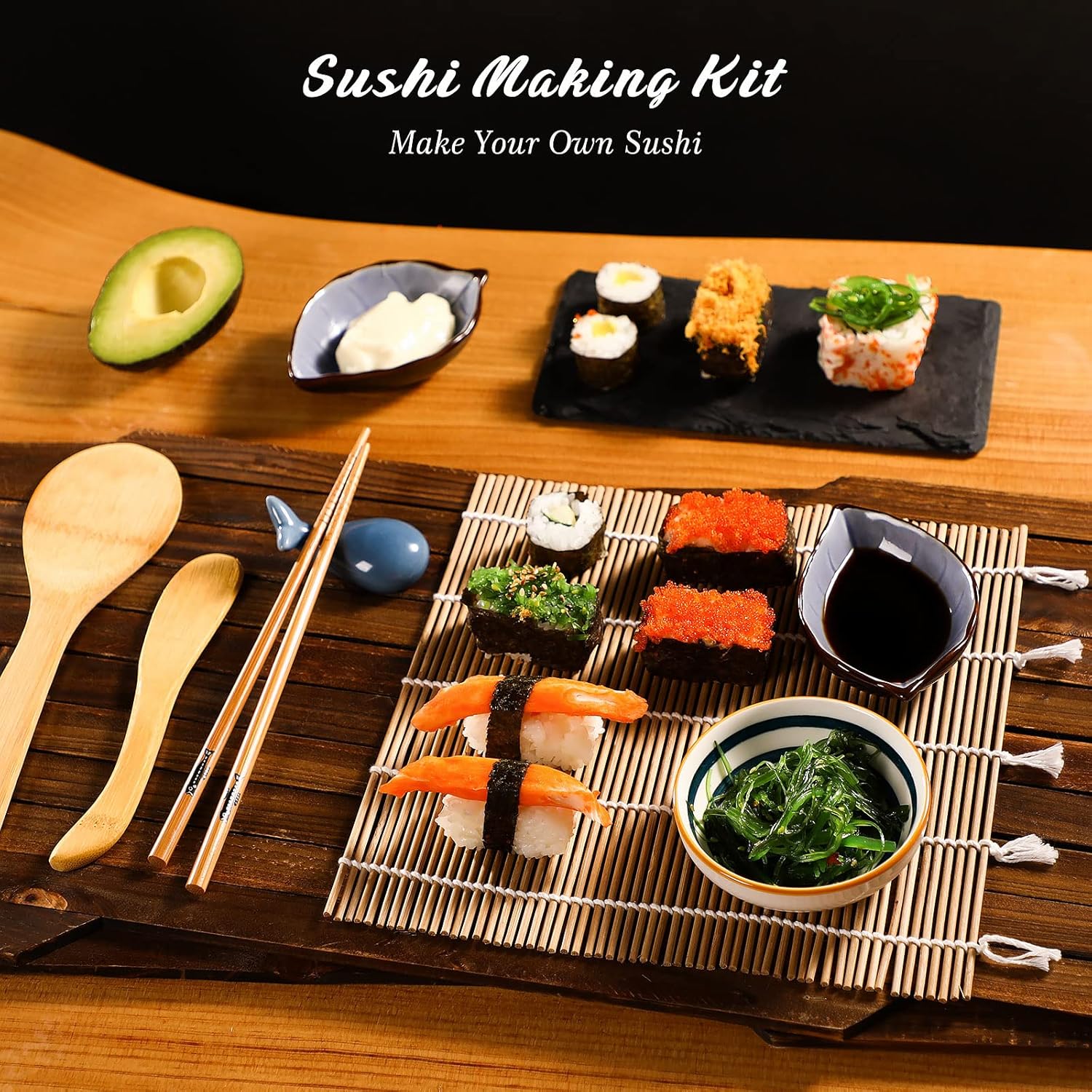 Bamboo Sushi Mat Sushi Making Kit with 2 Rolling Mats, 5 Pairs of Chopsticks, 1 Paddle, 1 Spreader N339