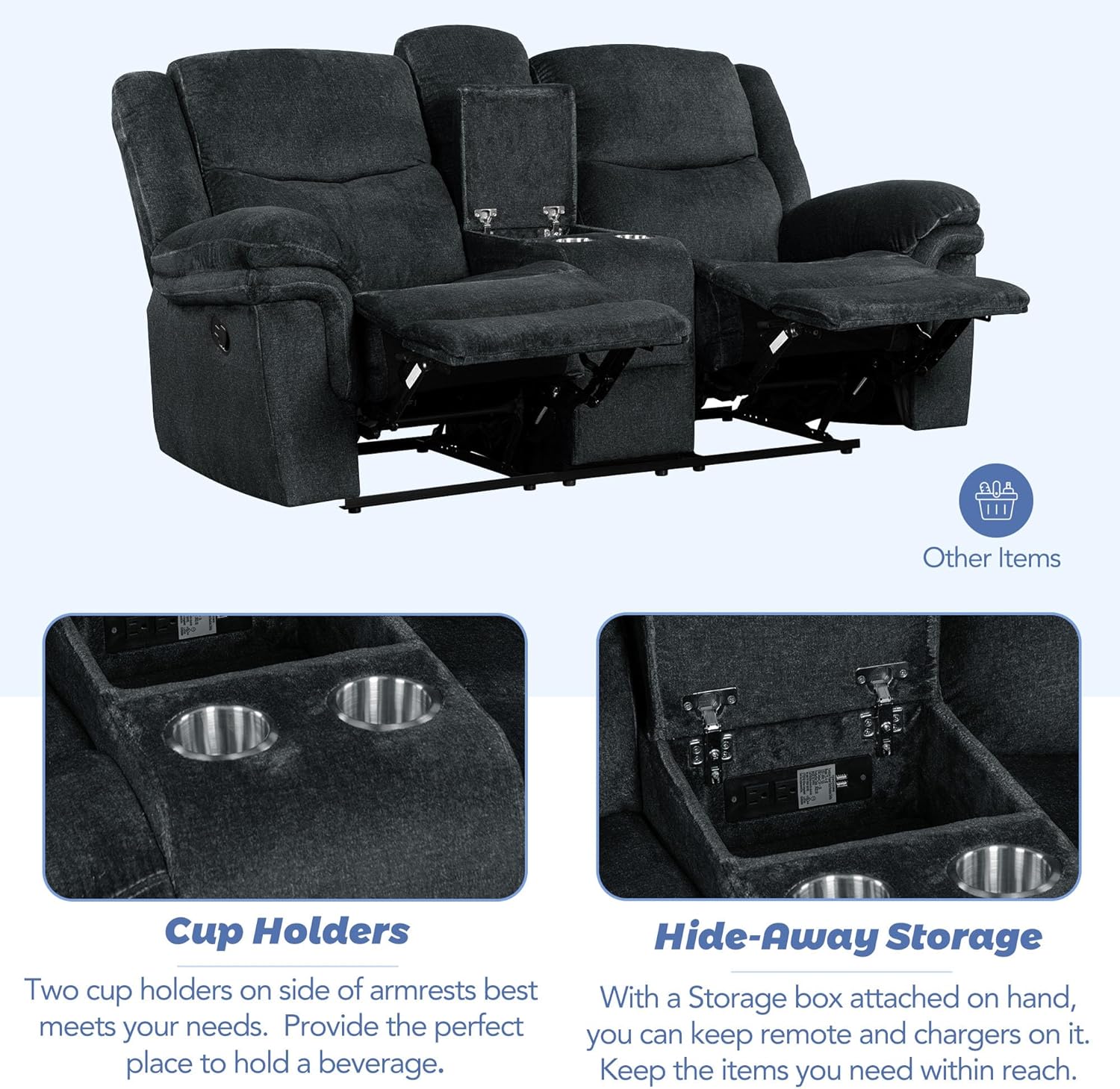 3-Piece Velvet Recliner Sofa Set with Cup Holders S4470