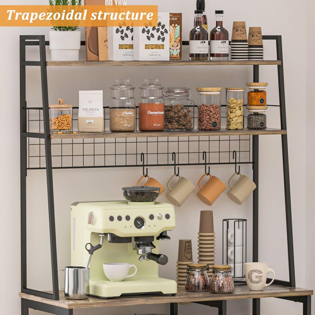 35.8" Large Farmhouse Coffee Station with 12 Hooks and Pull-Out Wire Basket, Coffee Bar Cart Table with Storage Shelves Rustic Brown G2373
