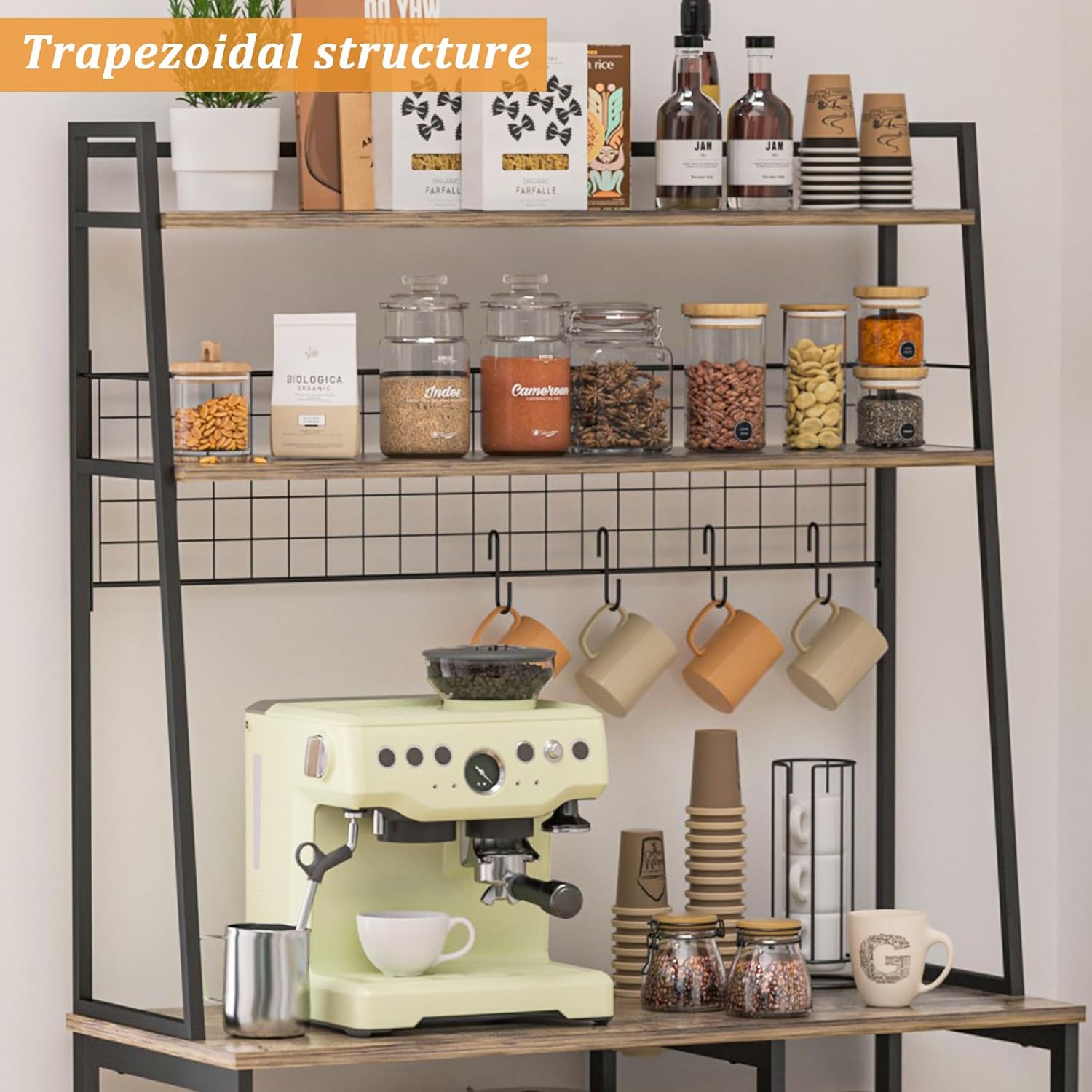 35.8" Large Farmhouse Coffee Station with 12 Hooks and Pull-Out Wire Basket, Coffee Bar Cart Table with Storage Shelves Rustic Brown G2373