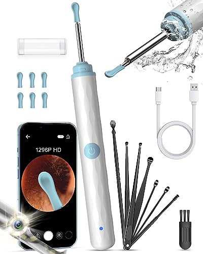 Ear Wax Removal Camera, 1296P HD, 8pcs Ear Set, Wireless WiFi Otoscope, 6 Lights, Rechargeable Earwax Removal Tool Kit (Black) I45507