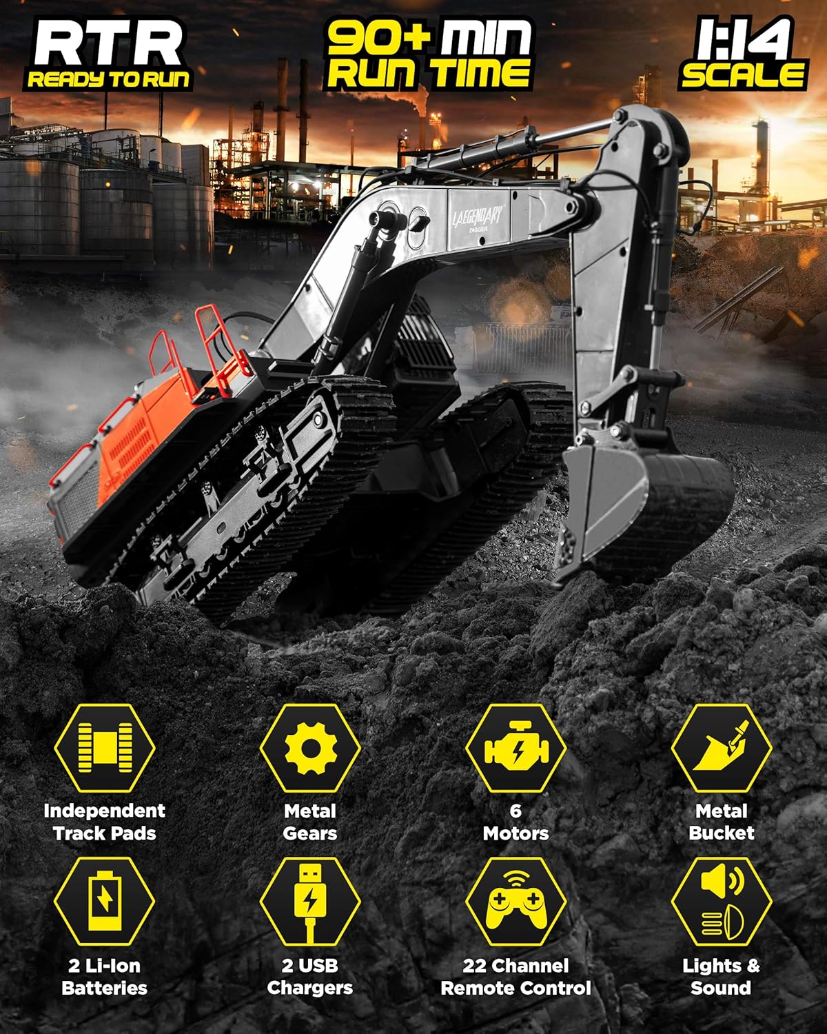 1:14 Scale Remote Control Excavator Toy with Metal Shovel, 2 Batteries & 2 Chargers O7076