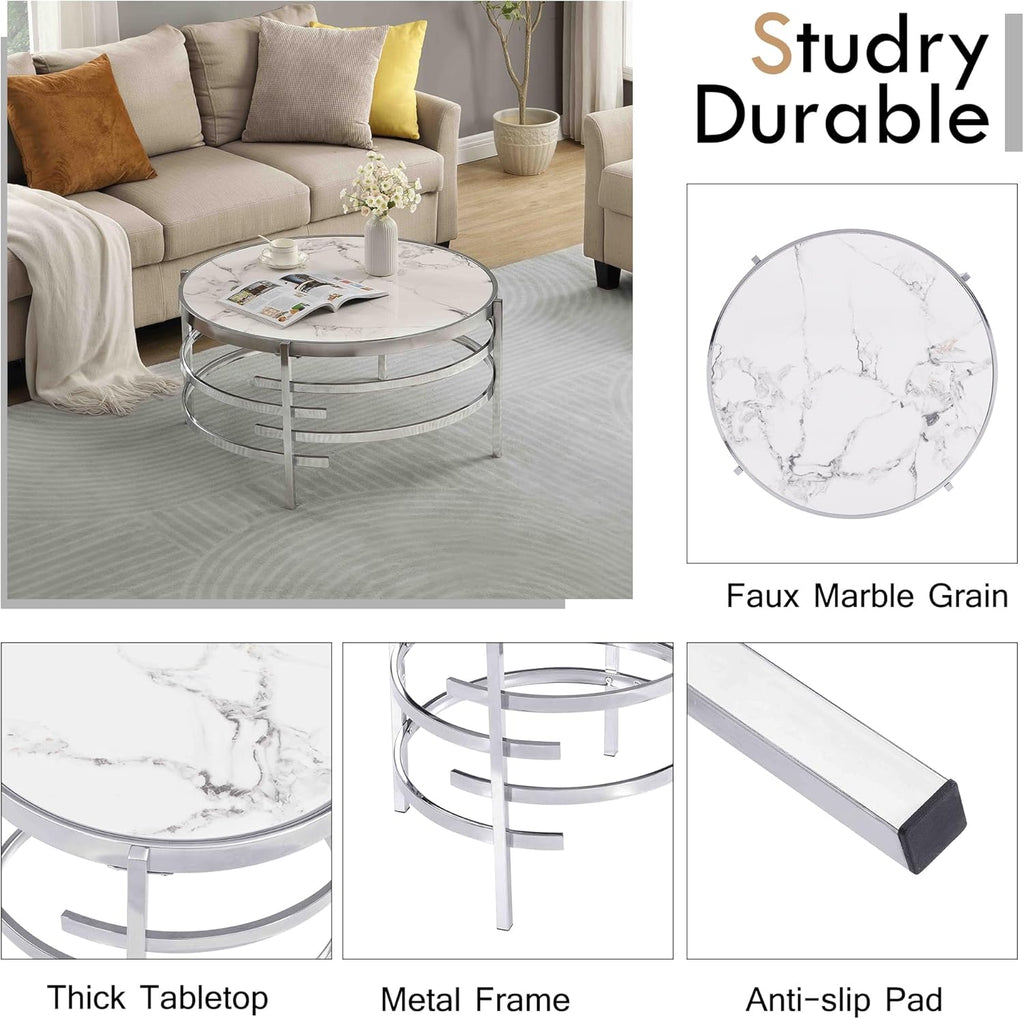 Modern Round Coffee Table with Faux Marble Sintered Stone & Silver Metal Frame B41328