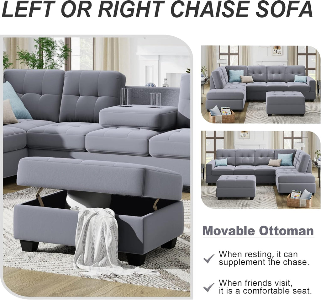 Linen Upholstered L Shaped Sofa Set with Ottoman Storage, Light Gray N2265