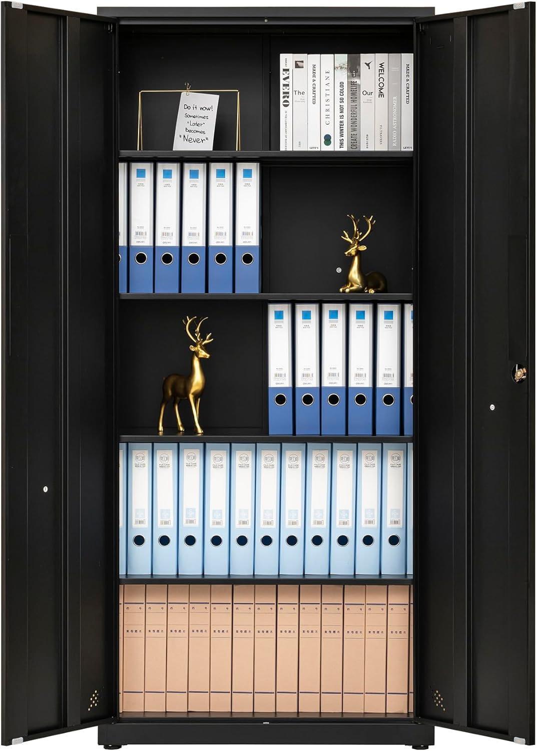 Metal Garage Storage Cabinet, Tall Locking Steel Storage Cabinet with 2 Doors and 4 Adjustable Shelves O46872