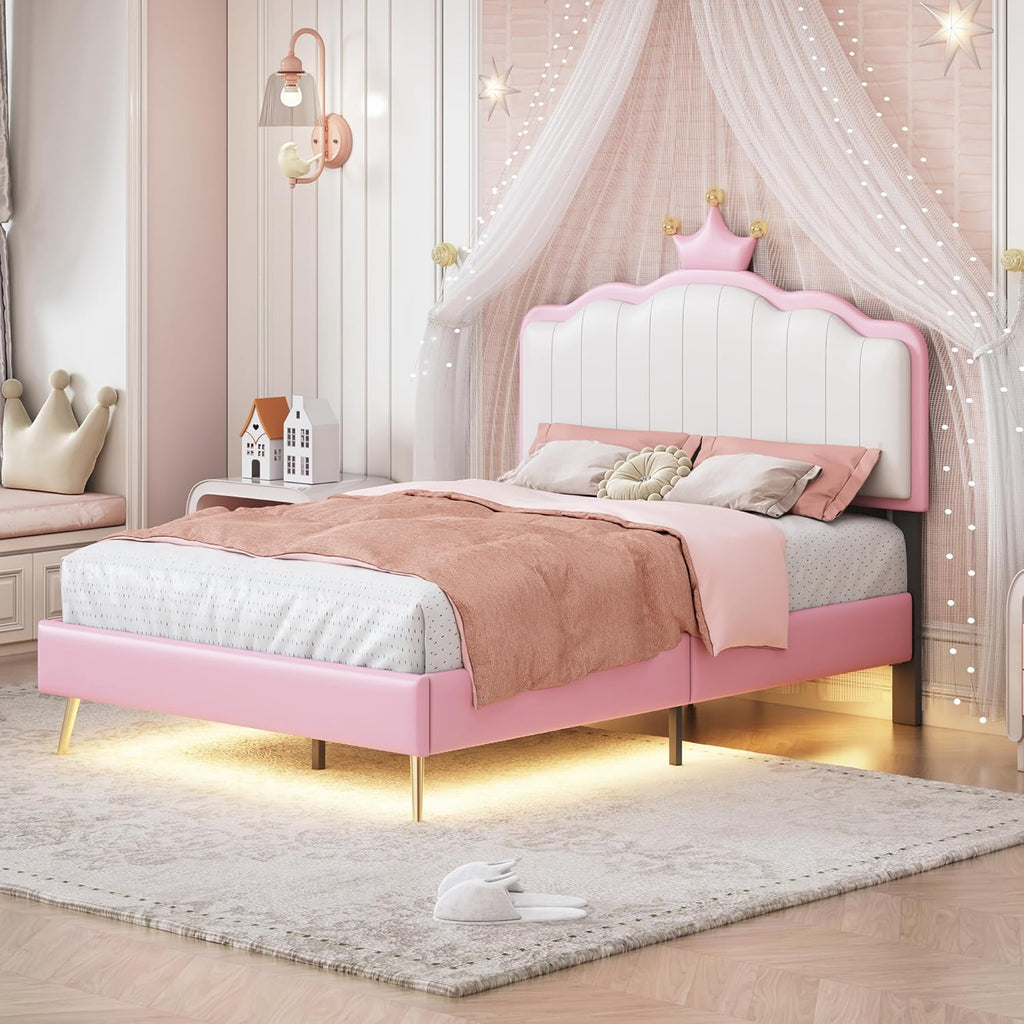 White and Pink Twin Upholstered Platform Bed with Light Strips and Golden Metal Legs L931996