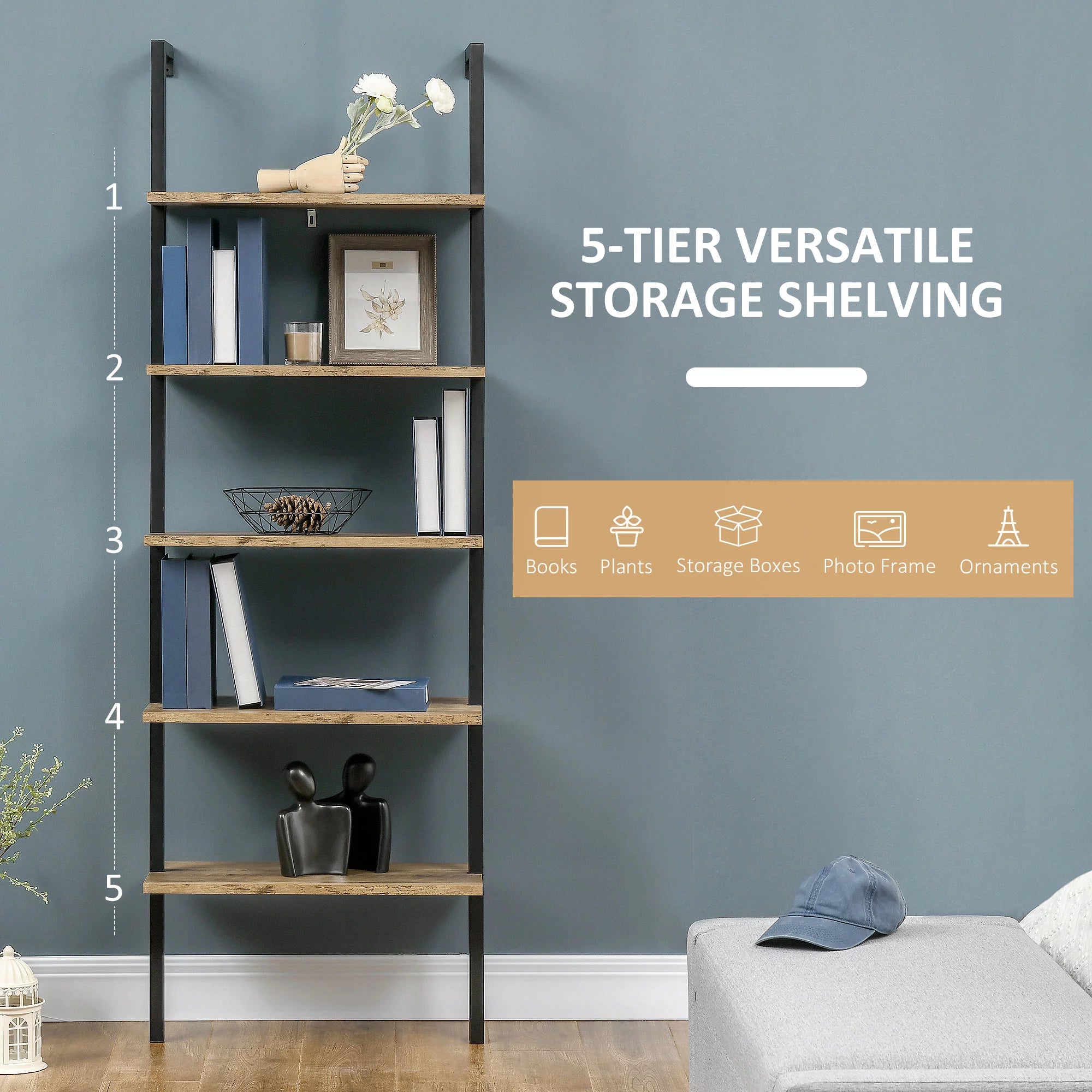 Brown 5 Tier Ladder Shelf with Metal Frame A652