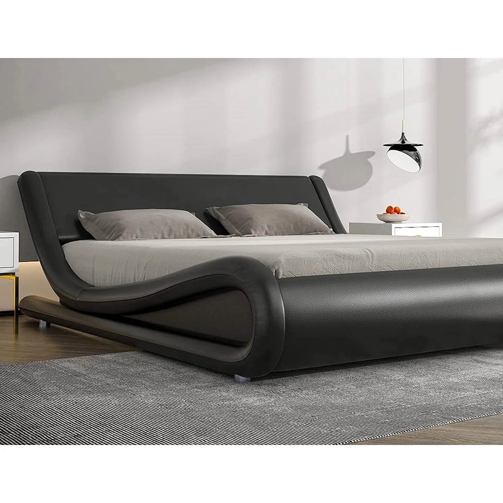 Black Faux Leather Upholstered Platform Bed Frame with Headboard F21603