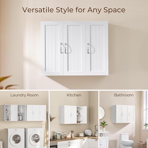 White Bathroom Wall Cabinet with Three Doors and Adjustable Shelf G6944