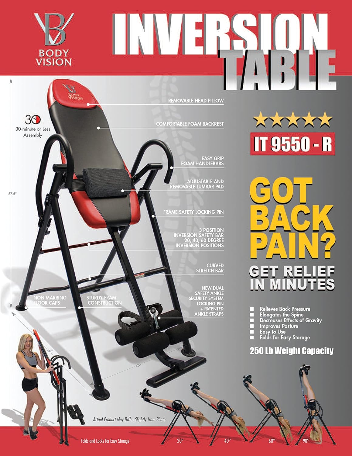 Red Heavy Duty Inversion Table with Adjustable Head Rest & Lumbar Support Pad Y474
