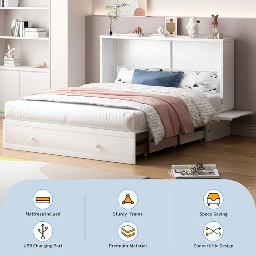 Queen Murphy Bed with 2 Storage Drawers and USB Charging Station I150