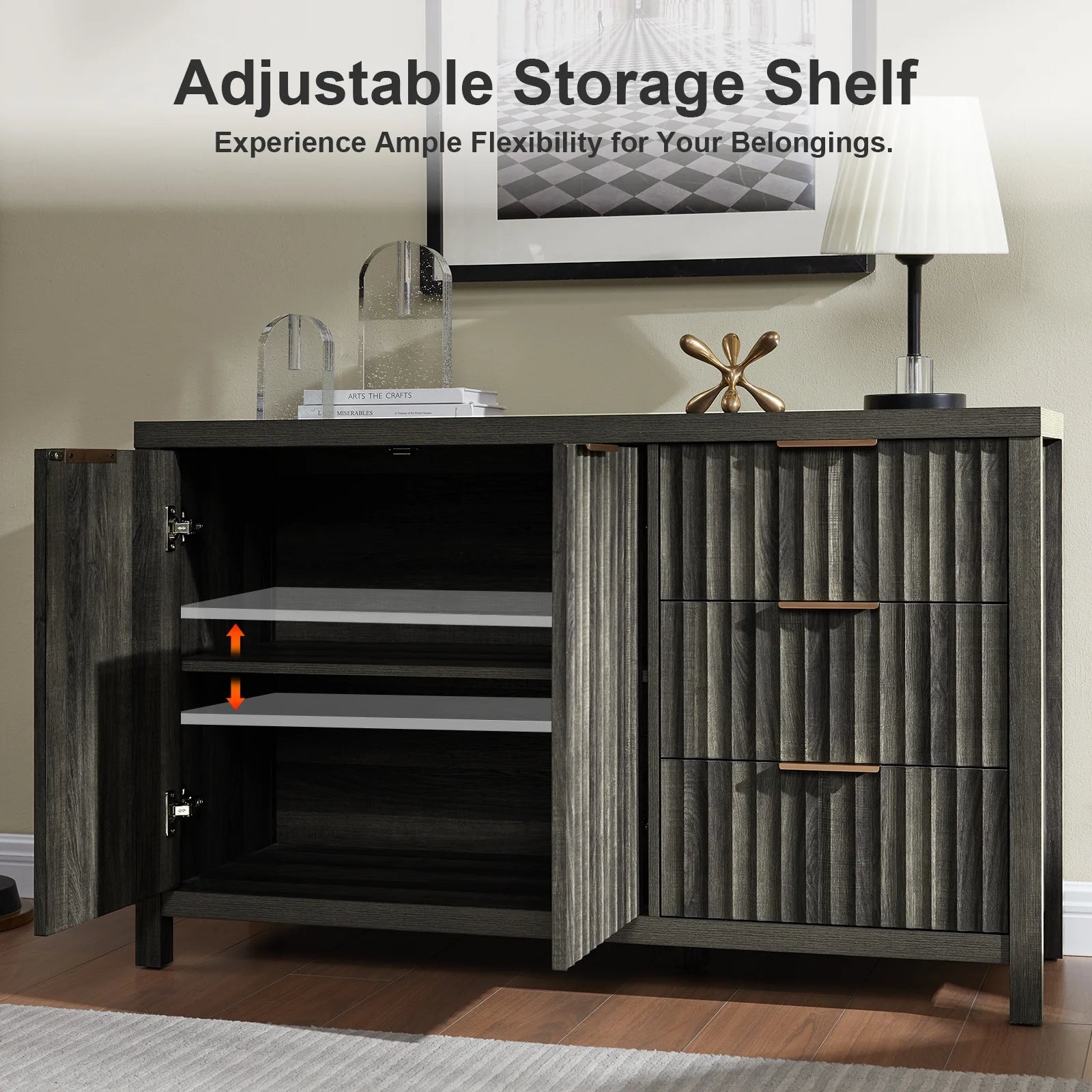 Black Oak Buffet Sideboard Storage Cabinet with Drawer and Doors E84898