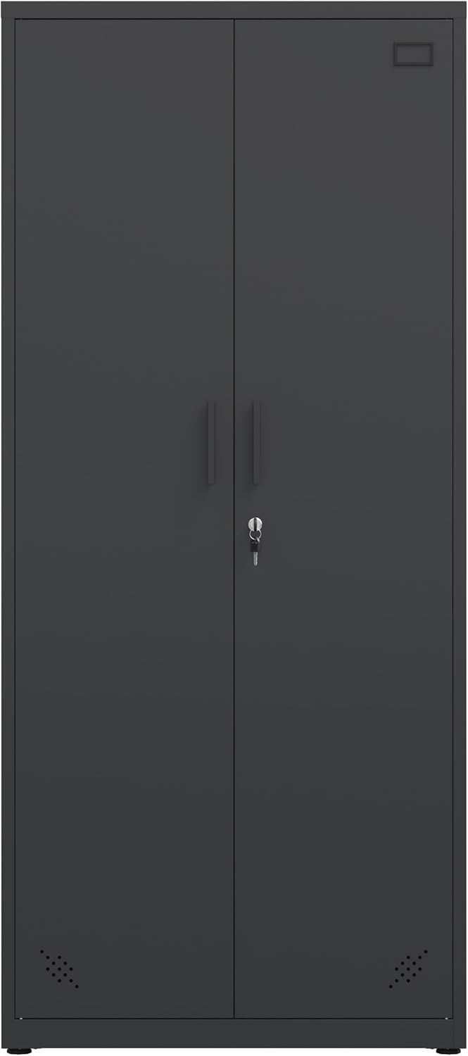 Metal Garage Storage Cabinet, Tall Locking Steel Storage Cabinet with 2 Doors and 4 Adjustable Shelves O46872