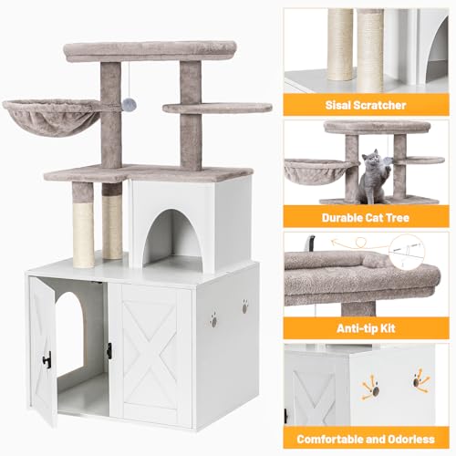 White Wooden Cat Litter Box Enclosure with Cat Tree Tower and Condo Y530
