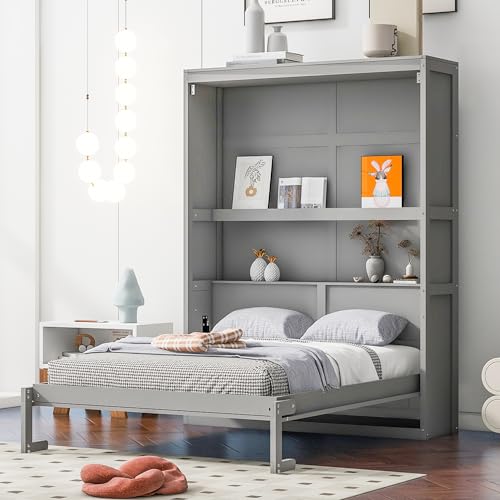 White Full Size Murphy Bed with 2 Tier Shelves Z295352